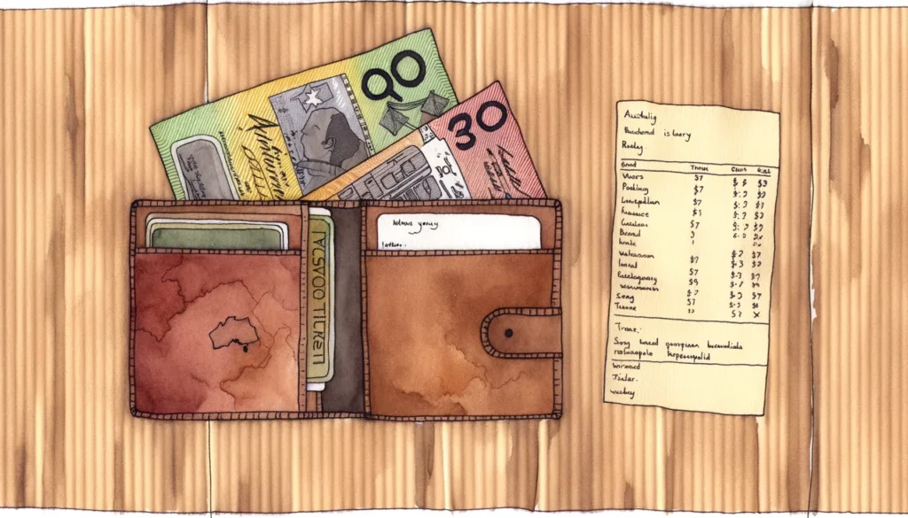 Akvarellillustration ovanifrån av en öppen plånbok med australiska sedlar, en vikt tågbiljett och en handskriven kostnadsnotering.