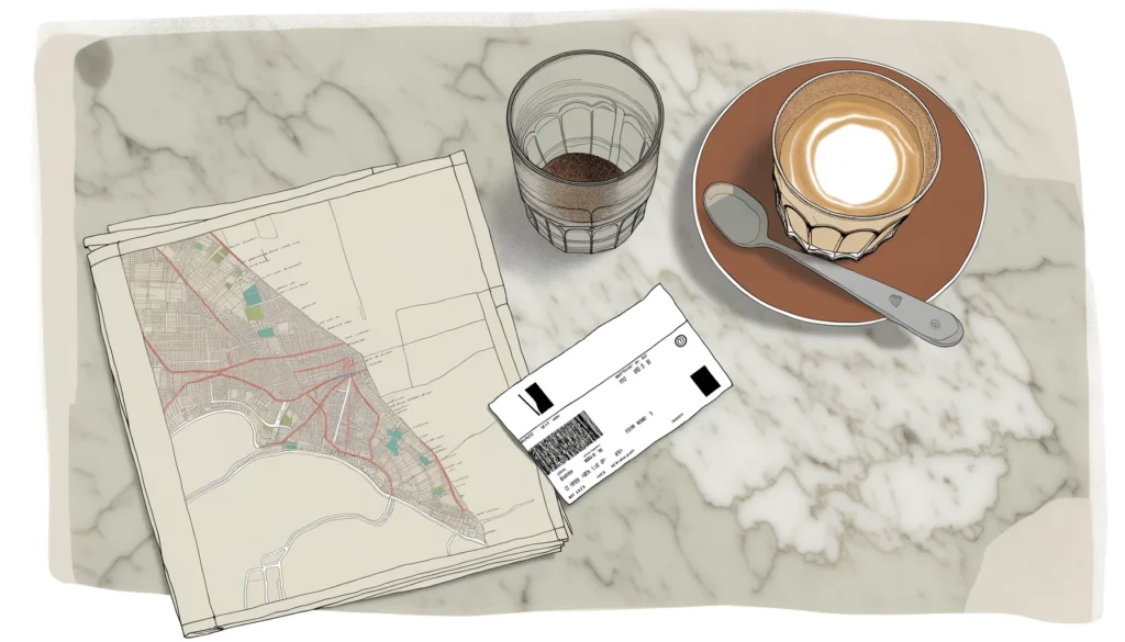 Akvarellillustration ovanifrån av ett café-stilleben i Melbourne: flat white i glas, en handritad stadskarta och en spårvagnsbiljett på marmorbänk.