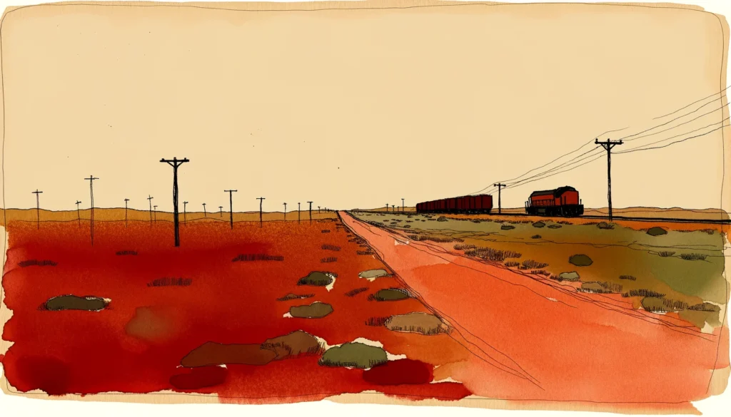 Akvarellillustration av en road train i siluett långt bort på en röd grusväg med telefonstolpar mot horisonten i lågt eftermiddagsljus.
