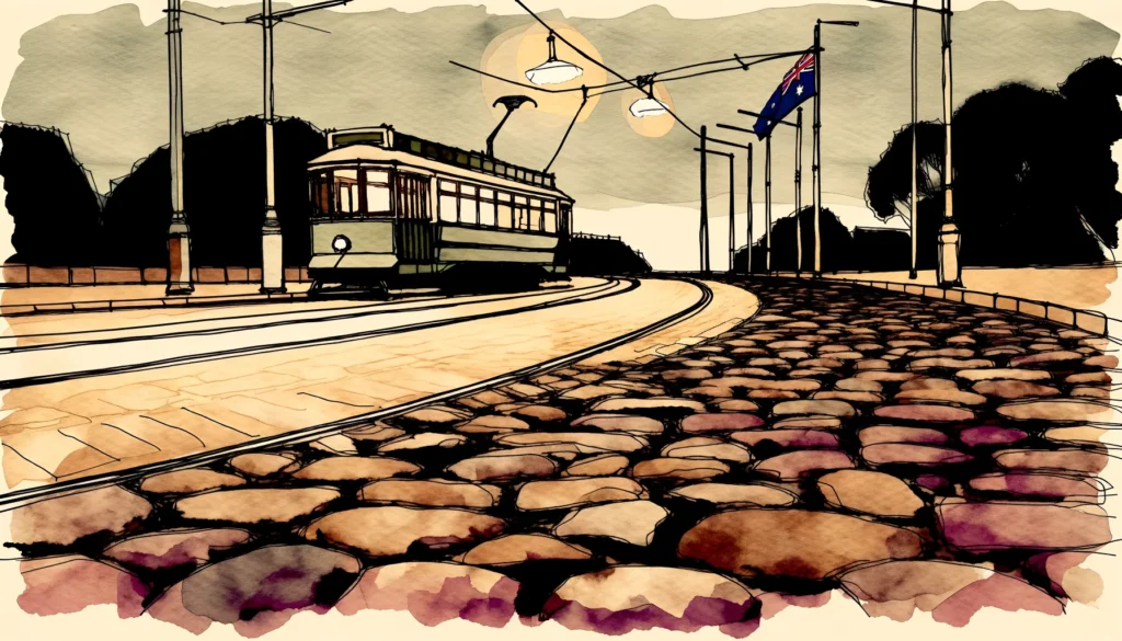 Akvarellillustration av spårvagnsspår i en innerstadsgata med kullerstenar i skymning och en enda gatlykta som lyser.