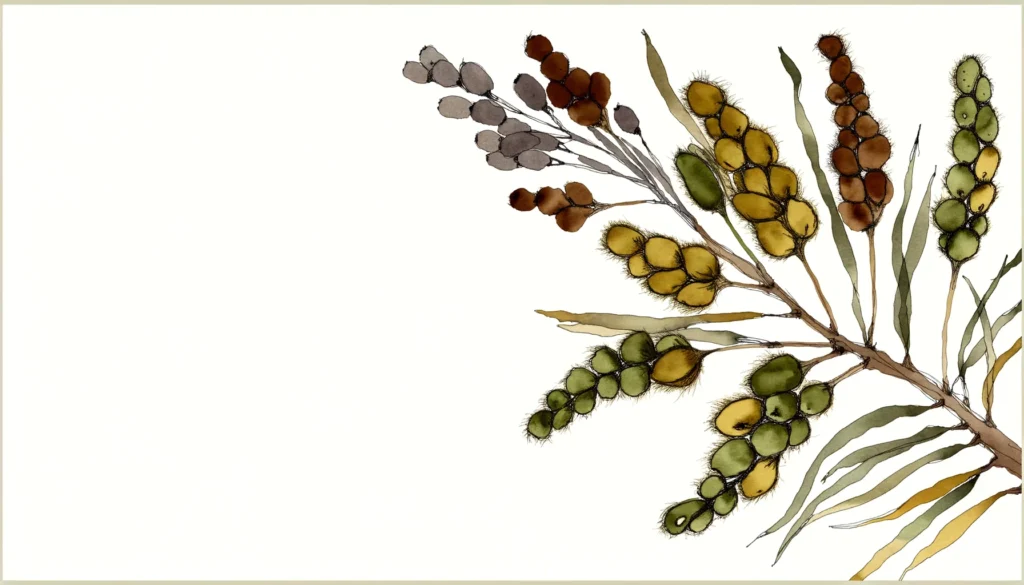 Akvarellillustration av en gul wattlekvist med fröbaljor och blomklasar på pappersgrund i botanisk studiestil.