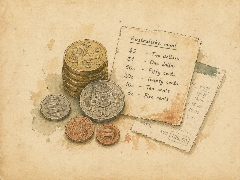 Akvarellillustration av en stapel australiska mynt med en handskriven valörnotering på pappersgrund.