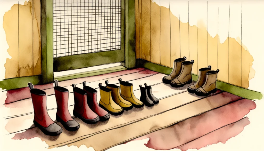 Akvarellillustration av två par barngummistövlar i olika storlekar uppradade vid en skärmdörr på trägolv.
