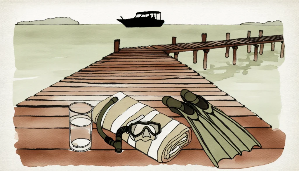 Akvarellillustration ovanifrån av en snorkelutrustning på en träbrygga med rullad strandhandduk, glas vatten och en avlägsen båt.