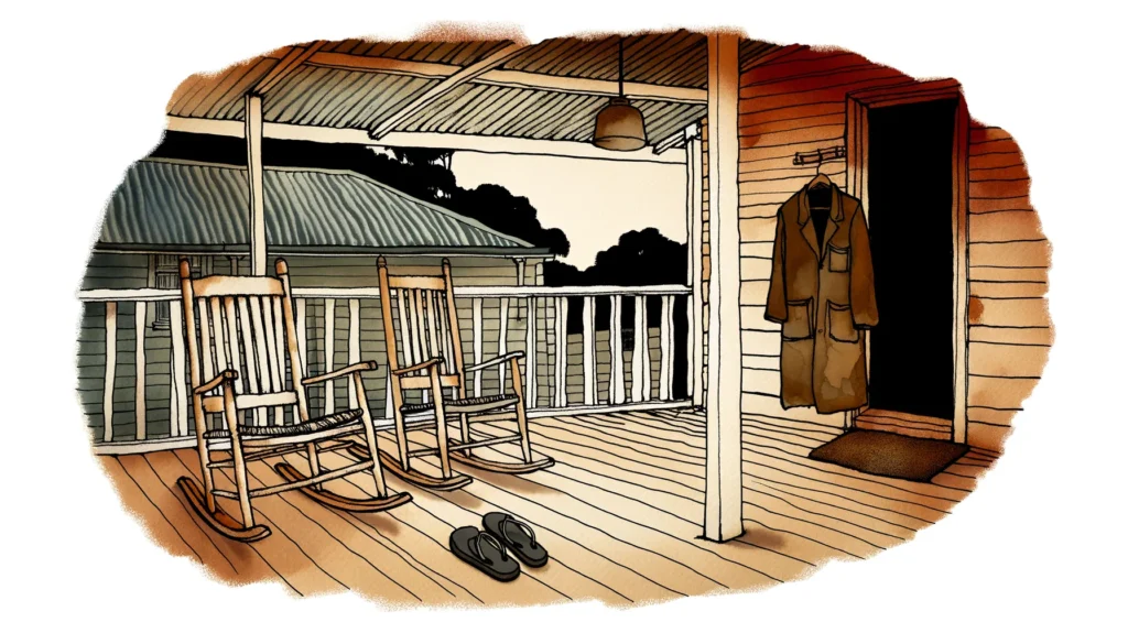 Akvarellillustration av en lantlig veranda i skymning med två tomma gungstolar, ett par flip-flops och en oljerock i dörröppningen.