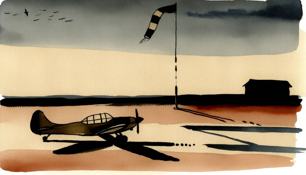 Akvarellillustration av ett propellerplan i siluett på en tarmac i skymningsljus med vindstrut och blekta asfaltsmarkeringar.