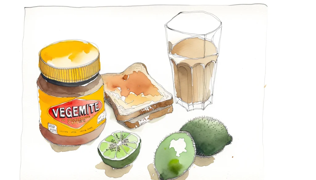 Akvarellillustration ovanifrån av en australiensisk frukost: vegemite, rostad surdegstoast, en flat white i glas och en halverad finger lime.