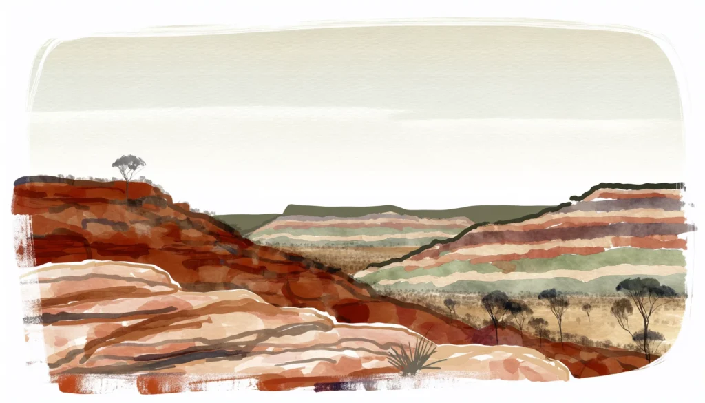 Akvarellillustration av MacDonnell Ranges i lågt ljus med skiktade åsar i ockra och rost mot en öppen himmel.